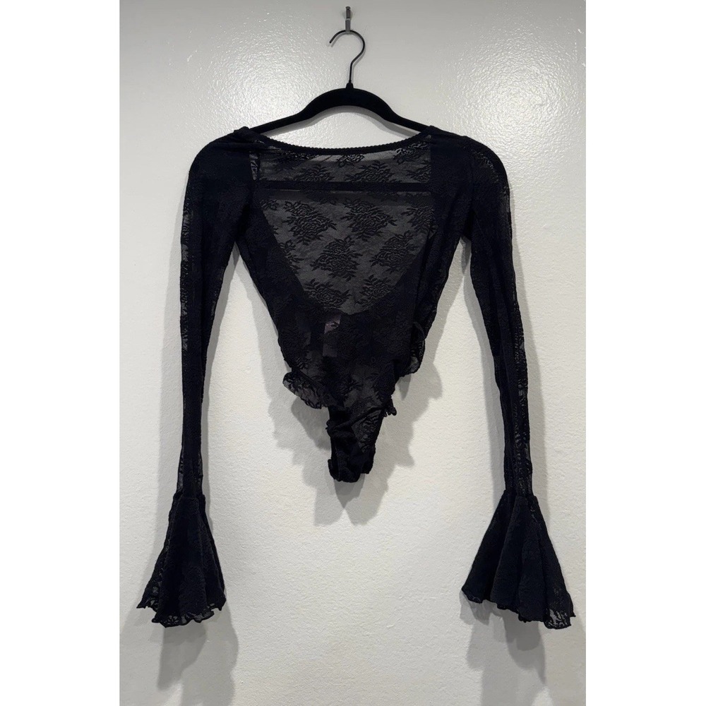 Savage X Fenty Black Long Flared Sleeve Lace Bodysuit XS Whimsygoth Low Back Y2K